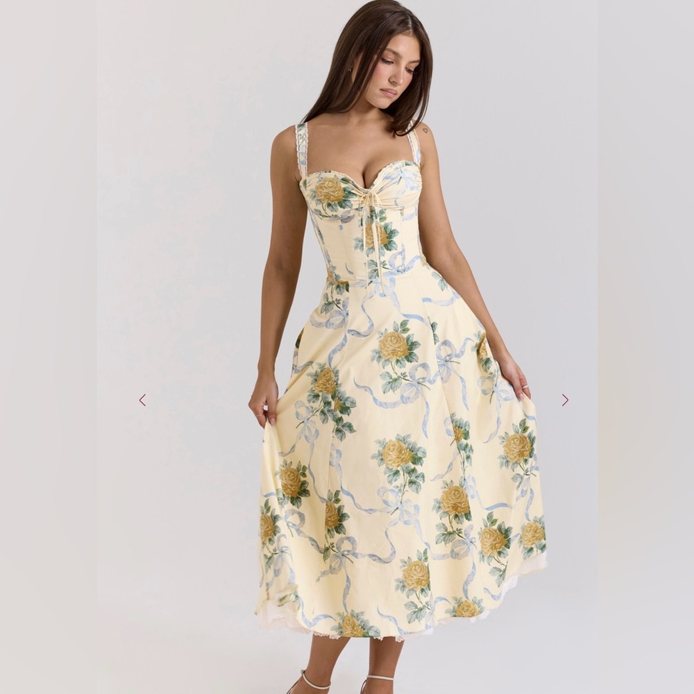 House of CB Lemon Vintage Ribbon Midi Floral Dress L+/D-cup